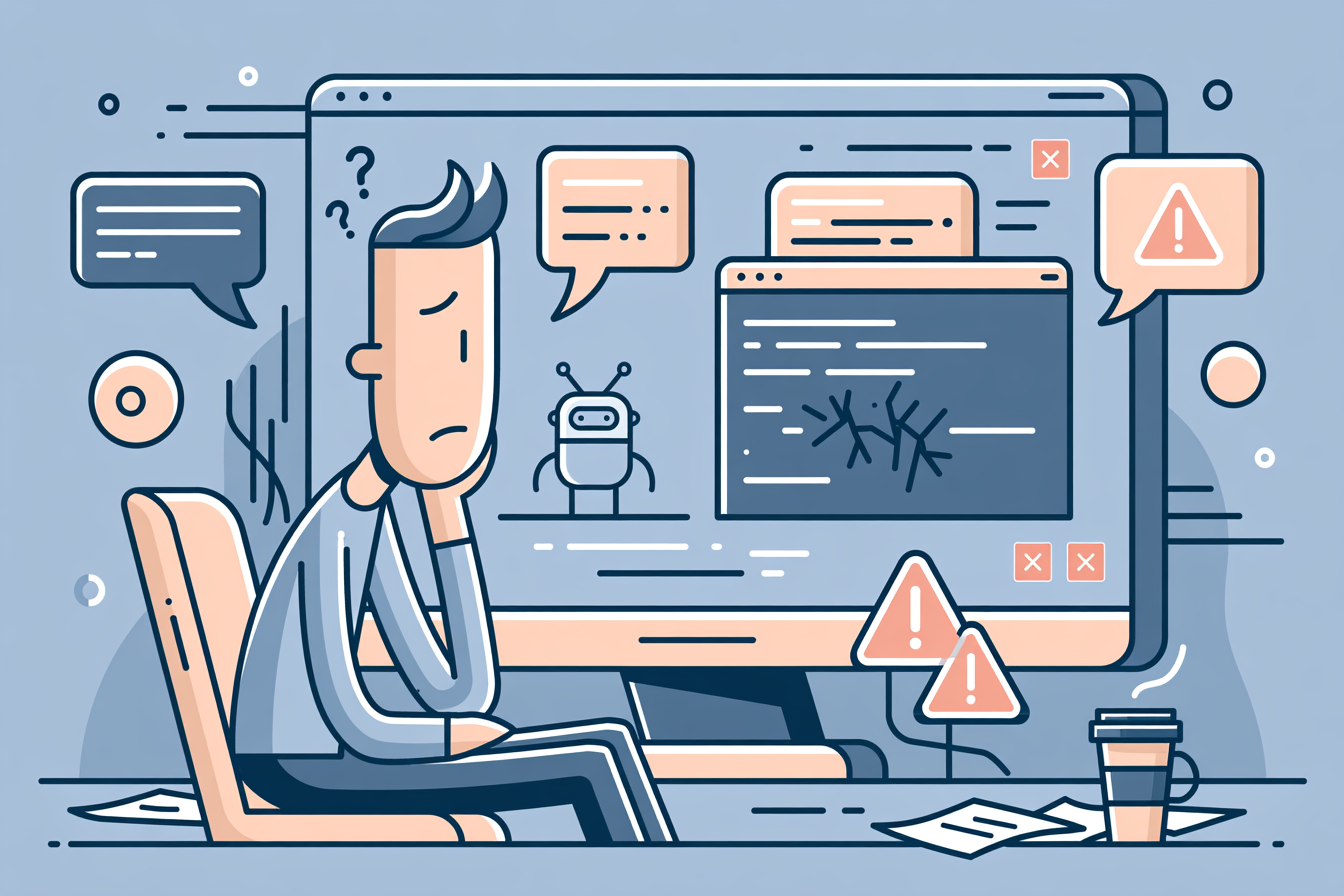 A developer looking on with concern at a screen of broken AI-generated code, error icons, and warning signs